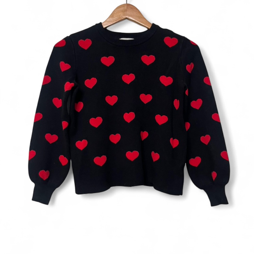 Marled Women Black Red Heart Pattern Print Long Sleeve Crewneck Sweater Size S